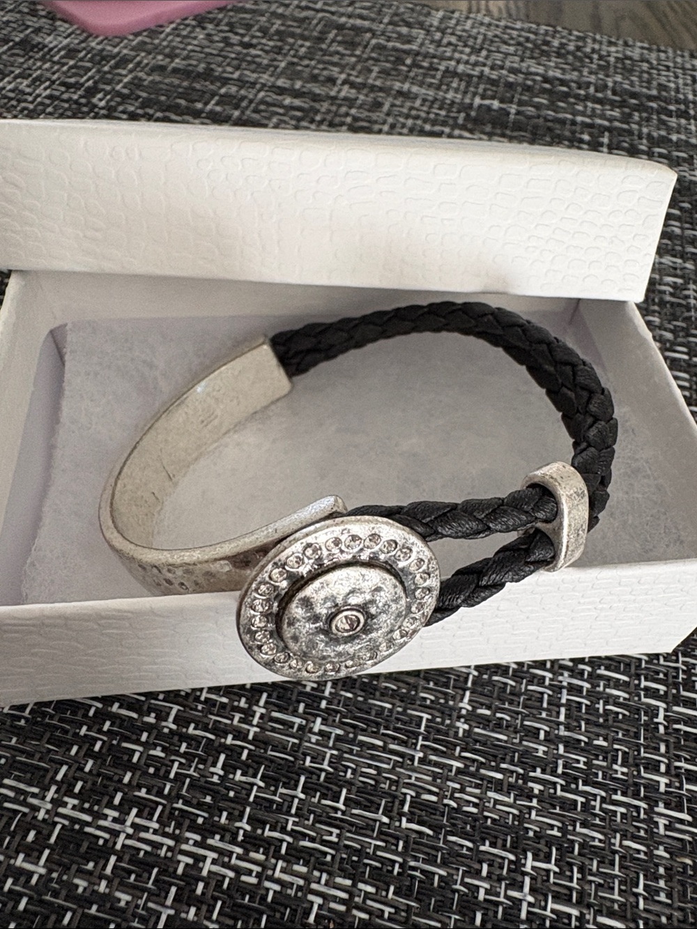 Silver-Tone Black Braided Leather Bracelet with Crystal Accent